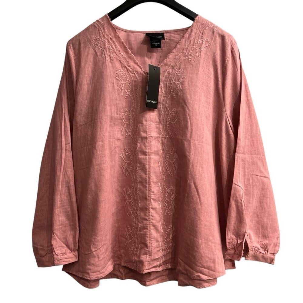 Liv Los Angeles Pink Cotton Embroidered Tunic Blouse Size 1X Boho Hippie Travel